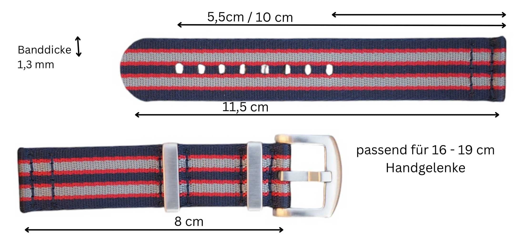 zweiteiliges Uhrenarmband textil Masse