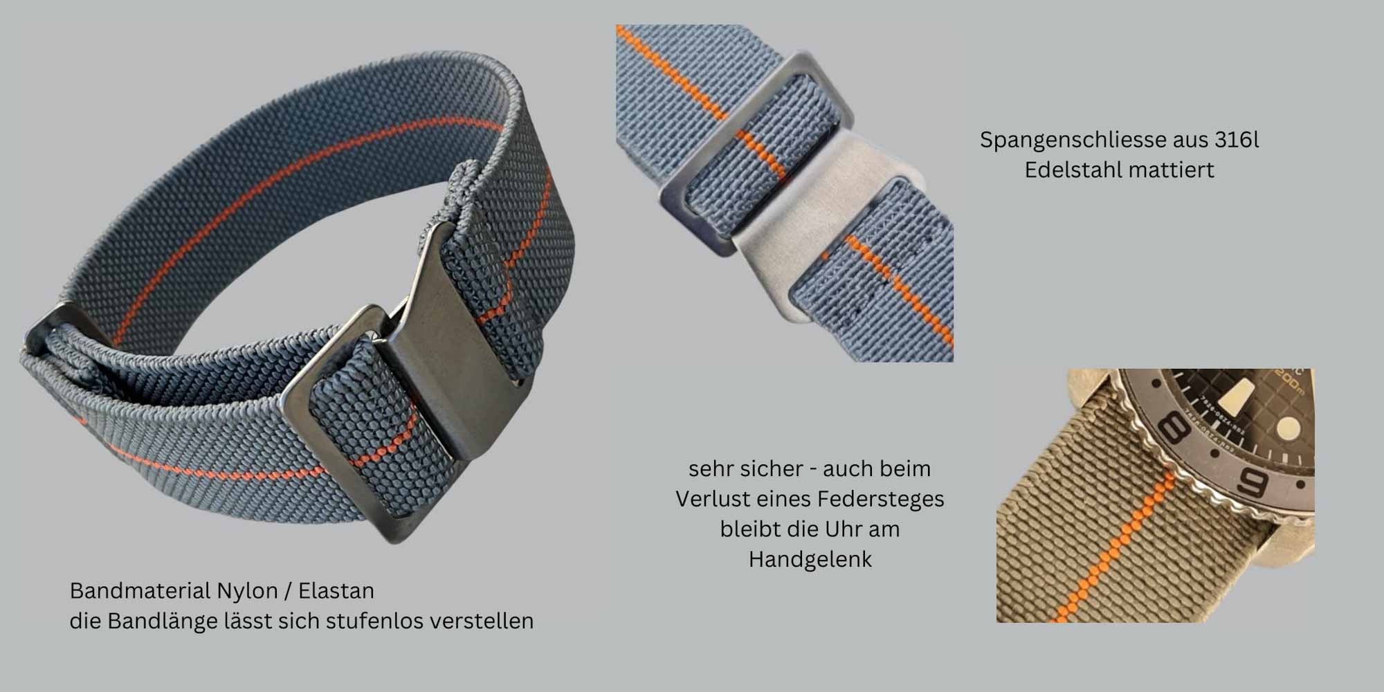 Stretch Uhrenarmband mit Spangenschliesse aus mattierten Edelstahl - Parachute Strap